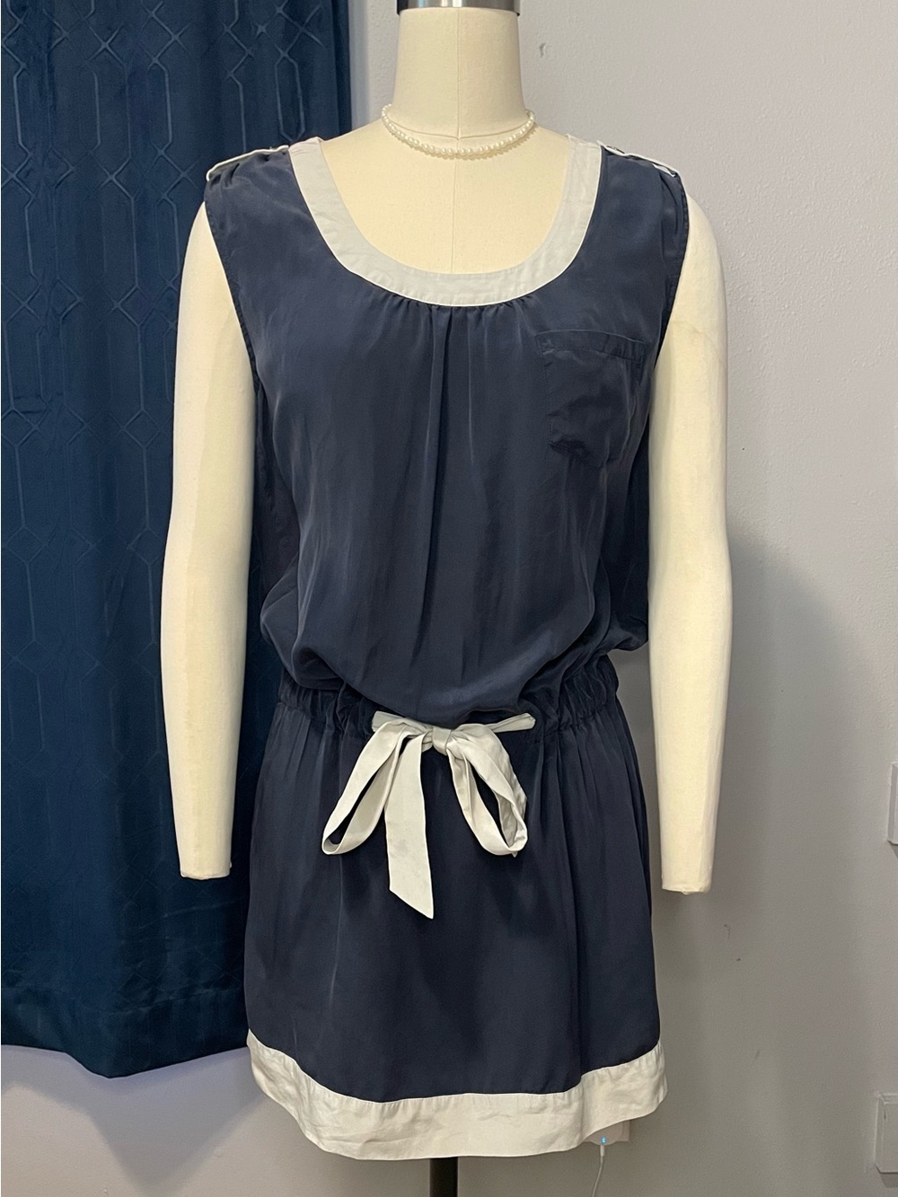 Banana Republic SILK Navy Dress with Cream Trim and Waist Tie